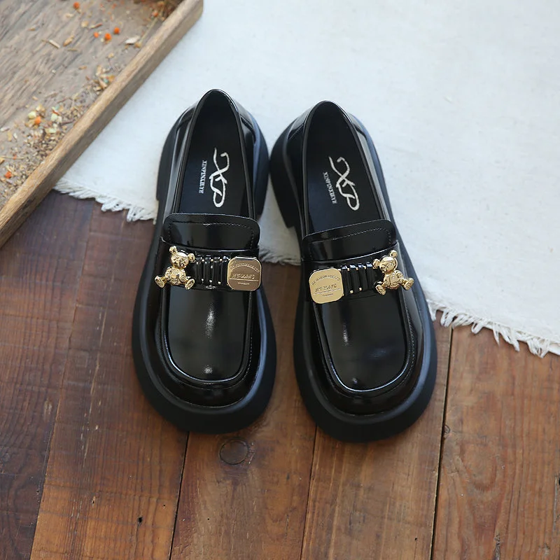 Spring Summer Retro Cowhide Round Head Fashion Bear Loafers