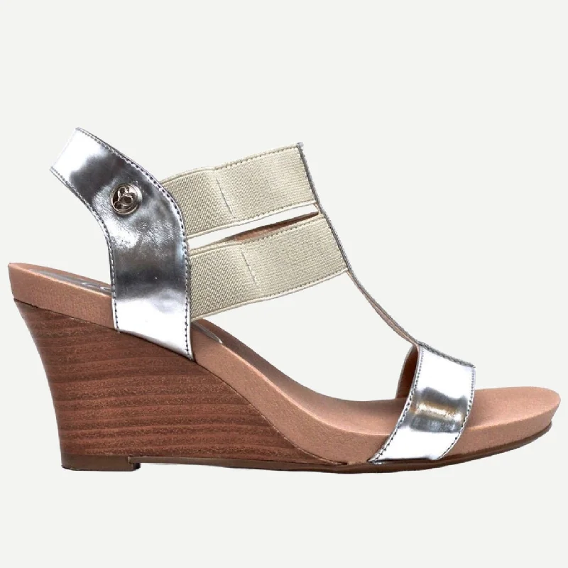 STRETCH WEDGE HEEL - SILVER/TAN LEATHER