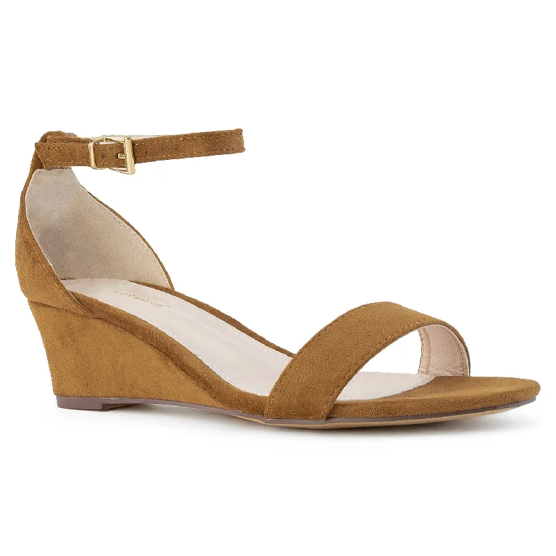 ""Wide Width"" Ankle Strap Low Platform Heel Wedge Sandals CAMEL