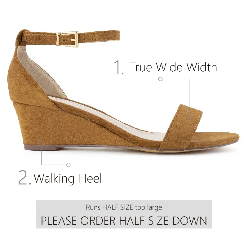 ""Wide Width"" Ankle Strap Low Platform Heel Wedge Sandals CAMEL