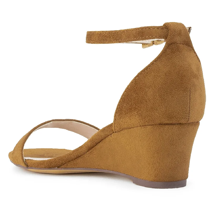 ""Wide Width"" Ankle Strap Low Platform Heel Wedge Sandals CAMEL