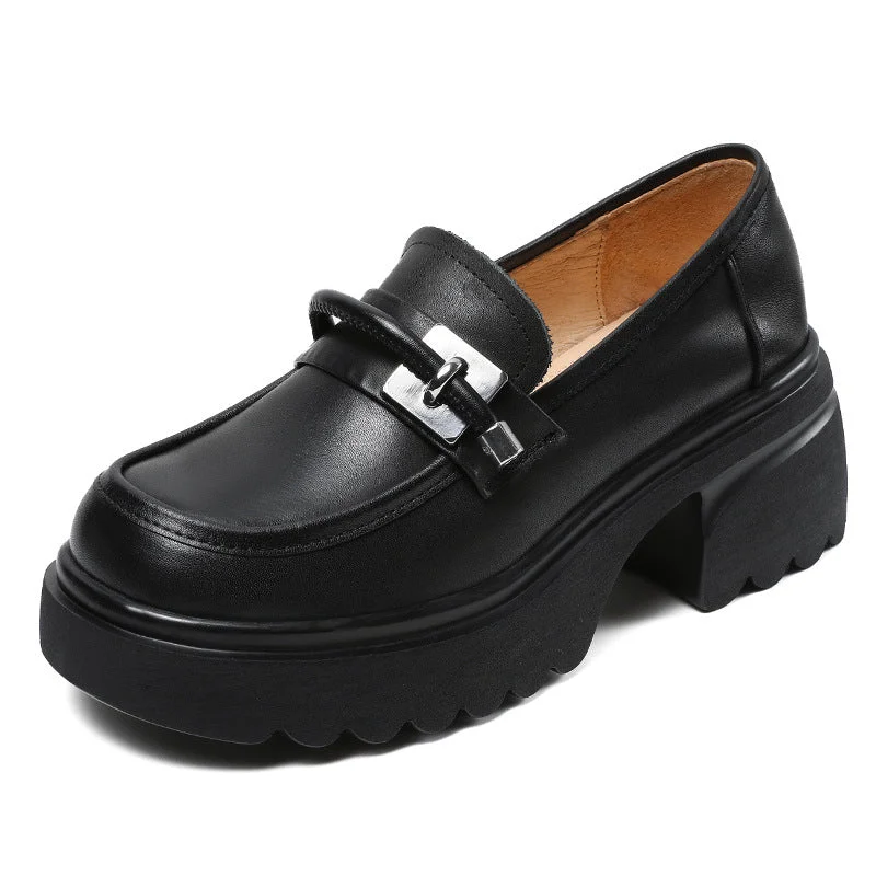 Women Retro Leather Casual Chunky Platform Loafers