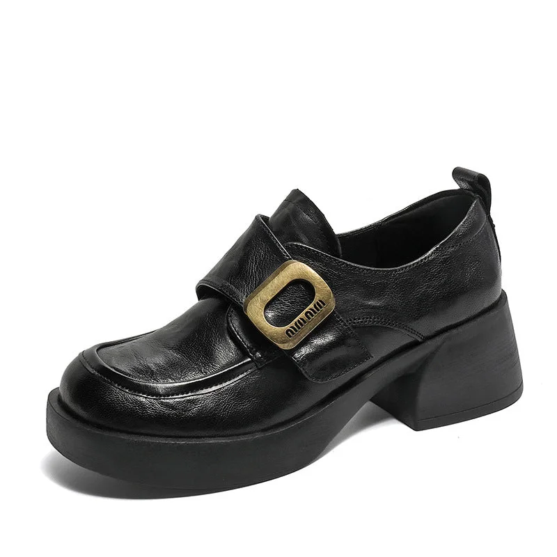 Women Retro Minimliast Leather Chunky Heel Loafers