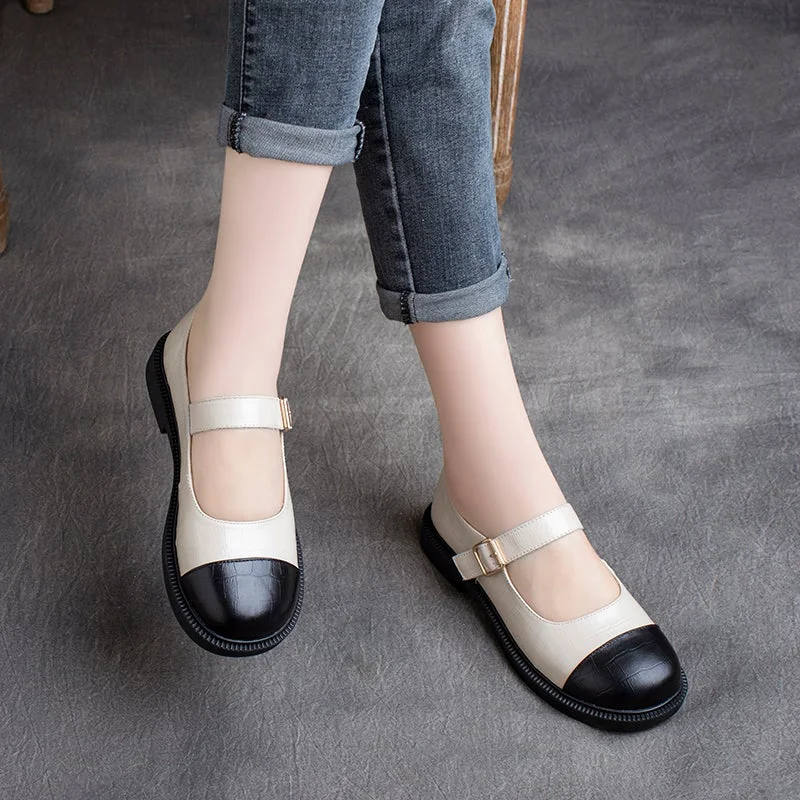 Women Spring Retro Leather Velcro Soft Sole Loafers