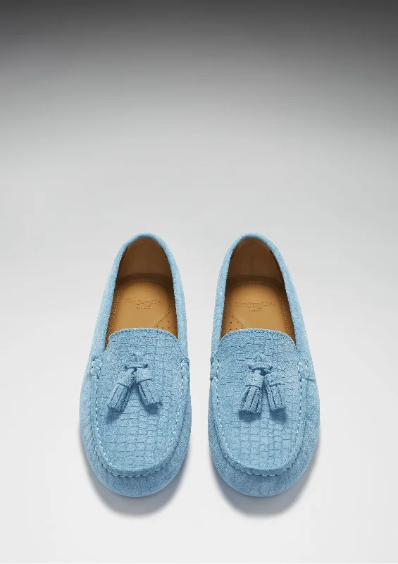 Women's Tasselled Driving Loafers, blue embossed suede