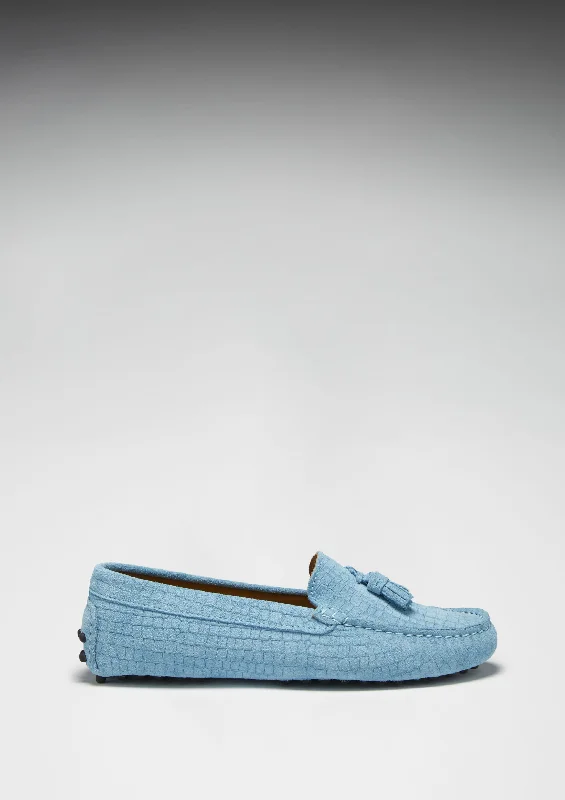 Women's Tasselled Driving Loafers, blue embossed suede