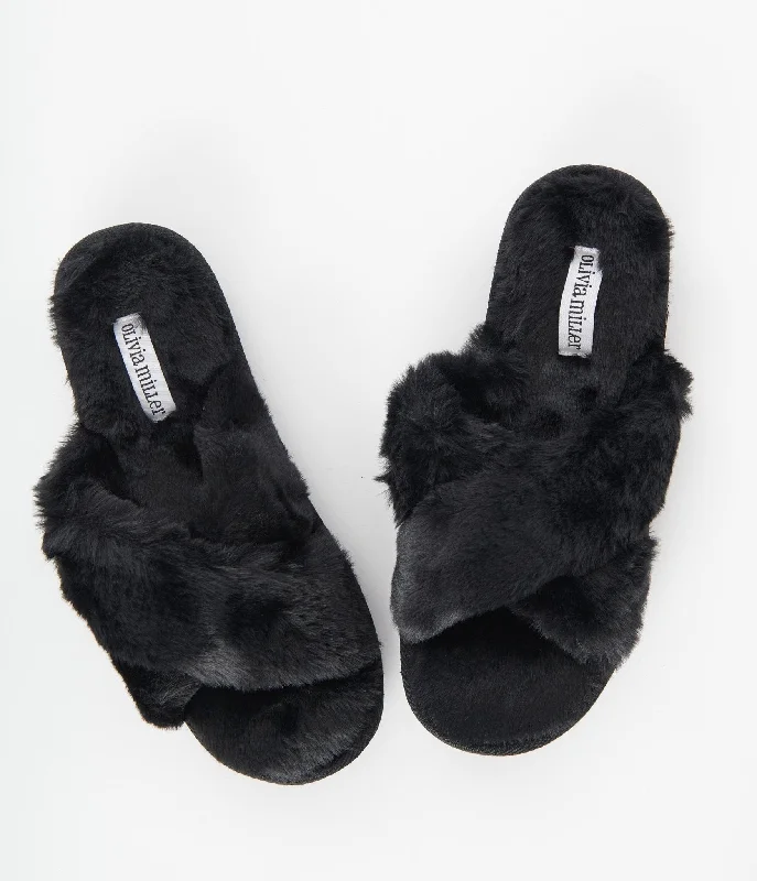 Black Cross Strap Fuzzy Slippers