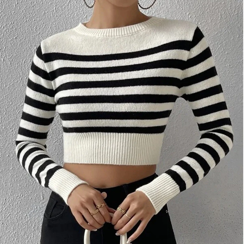 FZ Women's Sweater Striped Short Outer Wear Knitwear Top