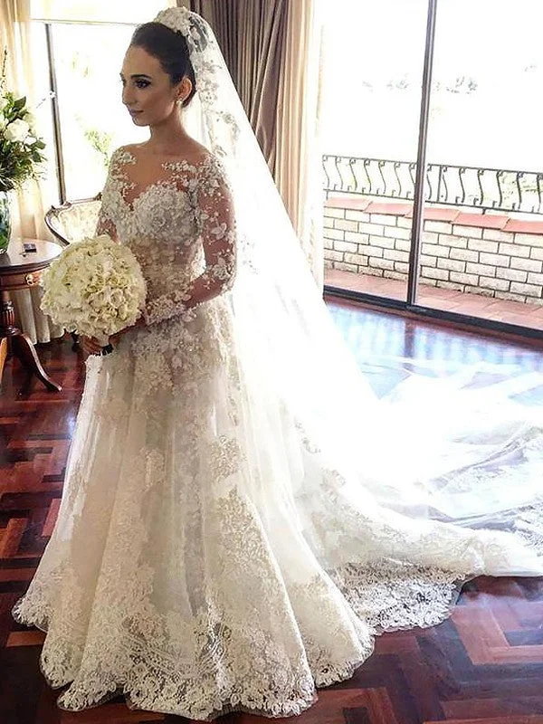 A-Line/Princess Bateau Long Sleeves Lace Chapel Train Tulle Wedding Dresses Illusion Neckline Gown