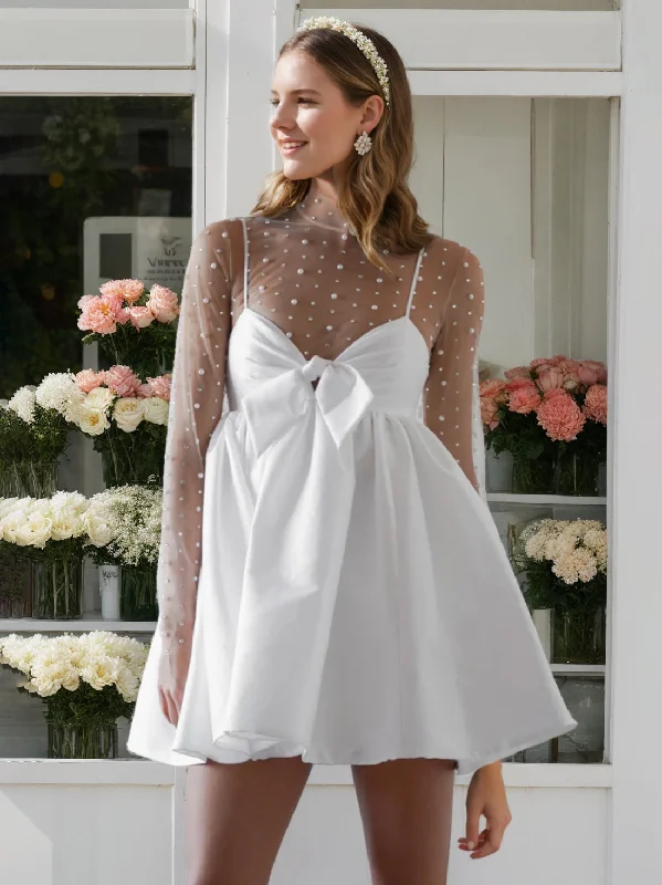 A-Line/Princess Spaghetti Straps Long Sleeves Mini Wedding Dress With Bowknot Elegant Satin Dress