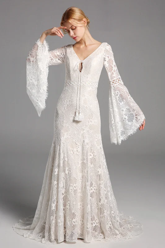 Chic Elegant Boho Lace Long Beach Wedding Dresses With Sleeves Floral Wedding Gown