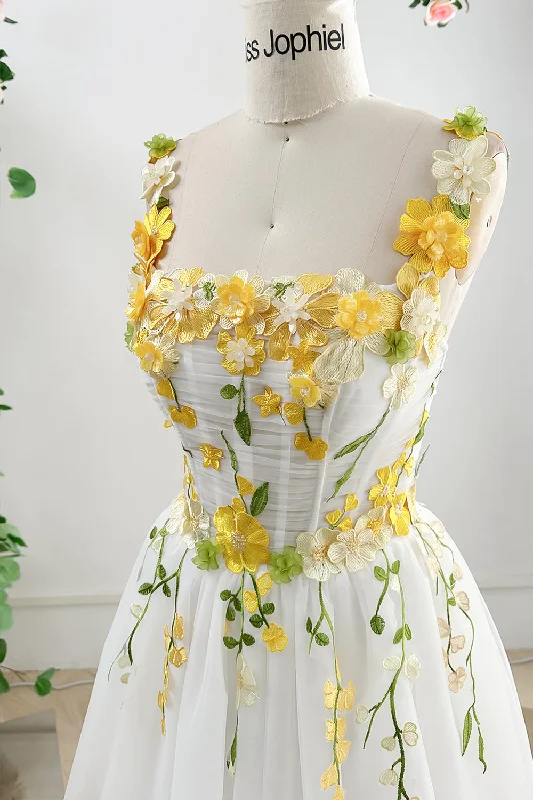 Corset Yellow Floral Applique Mini Ivory Dress Ruffled Wedding Dress