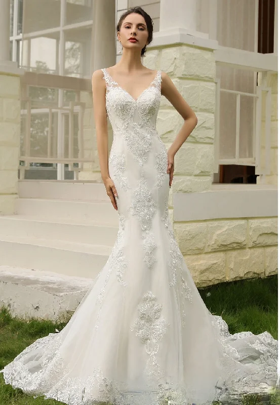 Double Train Fitted Sheath Wedding Gown Off-shoulder Bridal Dress