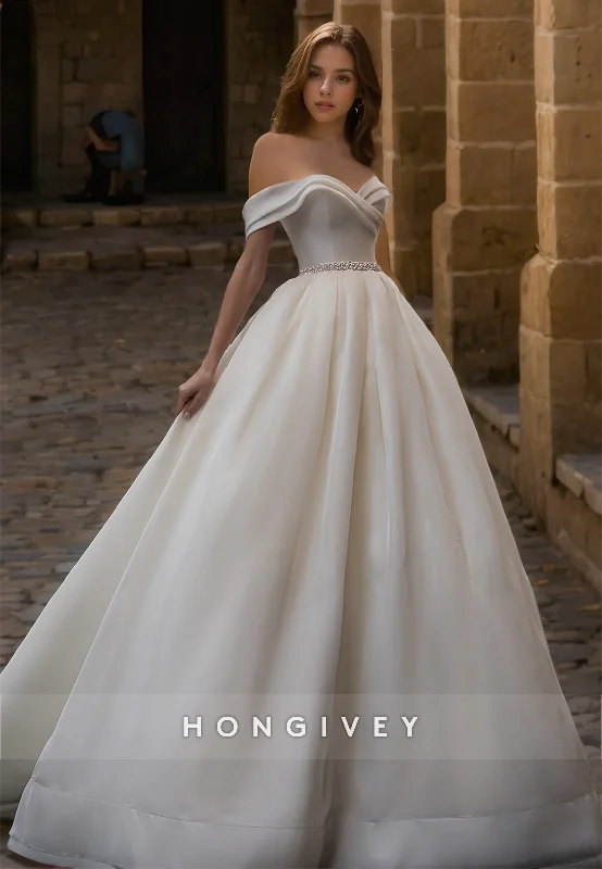 HONGIVEY Elegant Wedding Dress with Train Belt Off-Shoulder A-Line Tulle Bride Gown Elegant A-line Gown