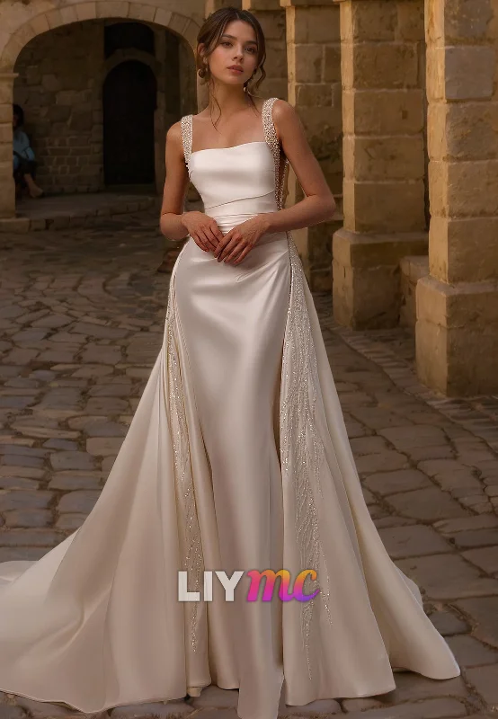 LW712 - Square Sleeveless Beaded Sleek Satin Mermaid Sweep Train Wedding Dress Soft Lace Gown