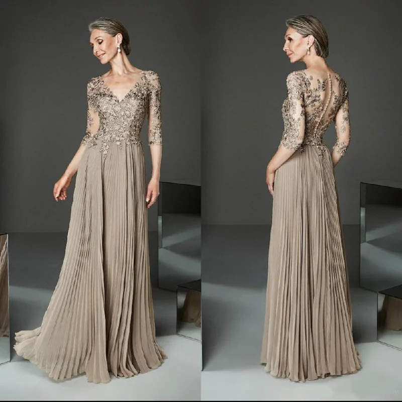 Elegant Half Sleeve V-Neck A-Line Long Pleated Mother of The Bride Dresses Beautiful Bridal Gown