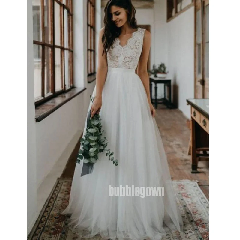 Elegant V-neck  Lace Top Tulle Long Wedding Dresses, BGH068 Lace Train Dress