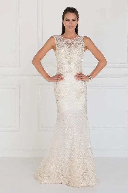 Elizabeth K Bridal - GL1536 Embellished Sheer Bateau Sheath Dress Simple Wedding Gown