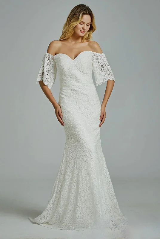 Floral Lace Off-The-Shoulder Sheath Wedding Dress Soft Wedding Gown