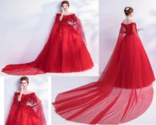 G126 (2), Red Off Shoulder Veil Trail Gown, (All) Chic Bridal Gown