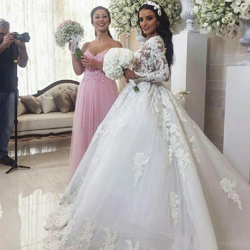 Luxury Lace White A-Line Wedding Dress, Charming Long Sleeve Tulle Wedding Dress, KX1627 Ball Gown Wedding