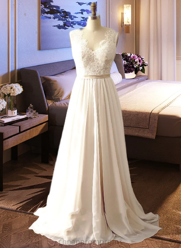 Martha A-Line V-neck Court Train Chiffon Wedding Dress STIP0013785