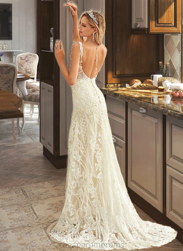 Saniyah Trumpet/Mermaid V-neck Court Train Tulle Lace Wedding Dress STIP0013708 Silk Wedding Gown