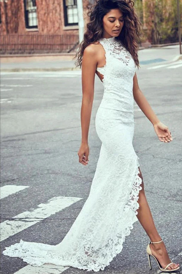 Sexy Mermaid Jewel Lace Backless Beach Wedding Dresses With Court Train Full Skirt Wedding