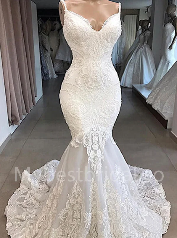 Sexy V-neck Spaghetti straps Mermaid Lace applique Wedding Dresses, WDY0300 Strapless Bridal Dress