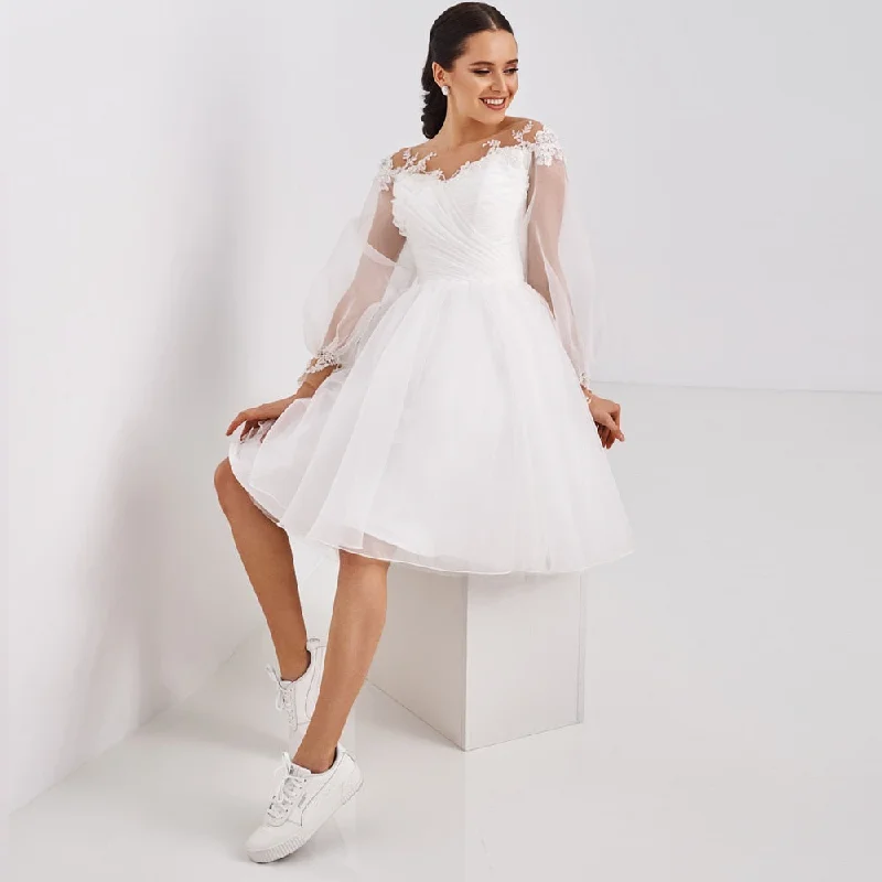 Short A Line Wedding Dress Knee Length Long Sleeves Lace Bridal Gown Full Skirt Gown