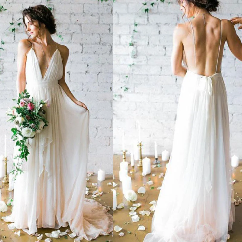 Simple Backless Beach Wedding Dresses,  Chiffon Long Custom Wedding Gowns, Affordable Bridal Dresses, 17098 White Lace Gown