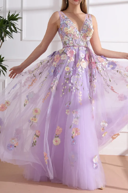 Straps V Neck Embroidery Floral Corset Lavender Dress Sexy Lace Gown