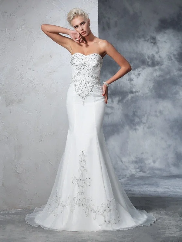 Trumpet/Mermaid Sweetheart Beading Sleeveless Long Satin Wedding Dresses Off-shoulder Wedding Gown