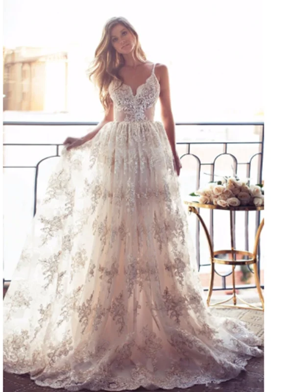 V Neck Backless Lace Ivory Wedding Dress with Champagne Appliques, Backless Lace Prom Dresses