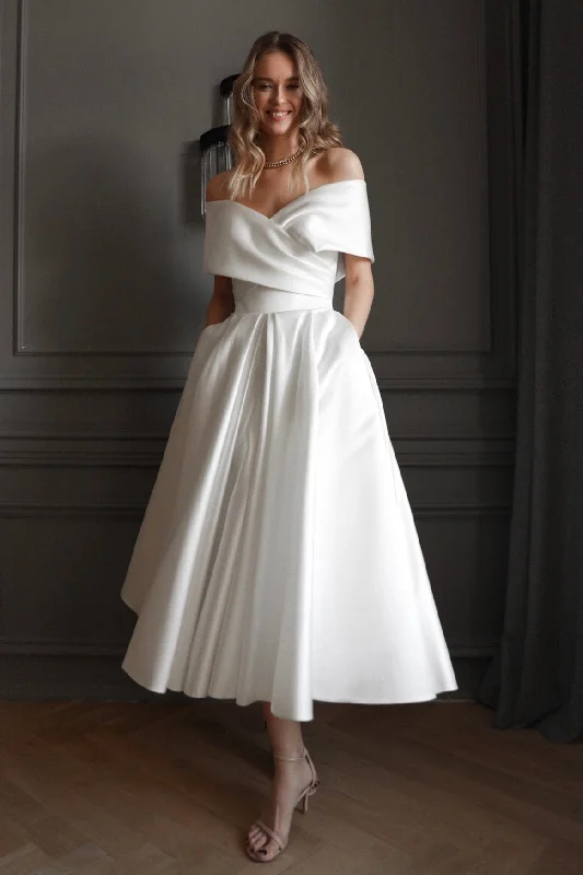 Light ivory Satin Midi Wedding Dress Cameron Off-shoulder Gown