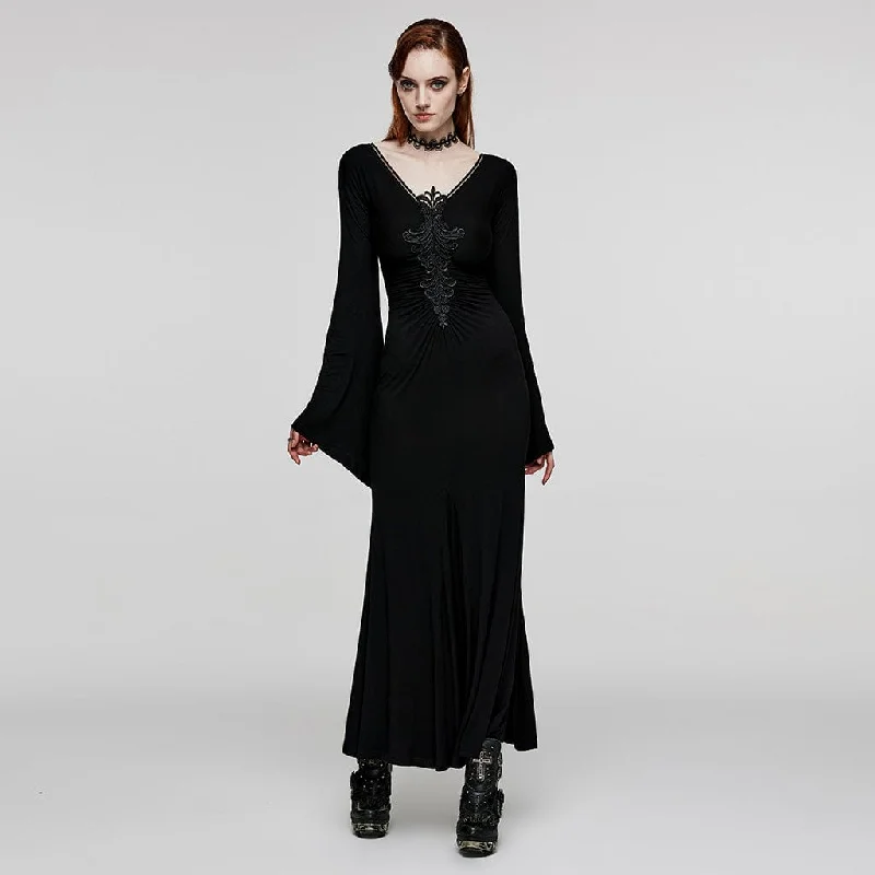 Women's Gothic Plunging Floral Embroidered Wedding Gown Dress Empire Waist Dress