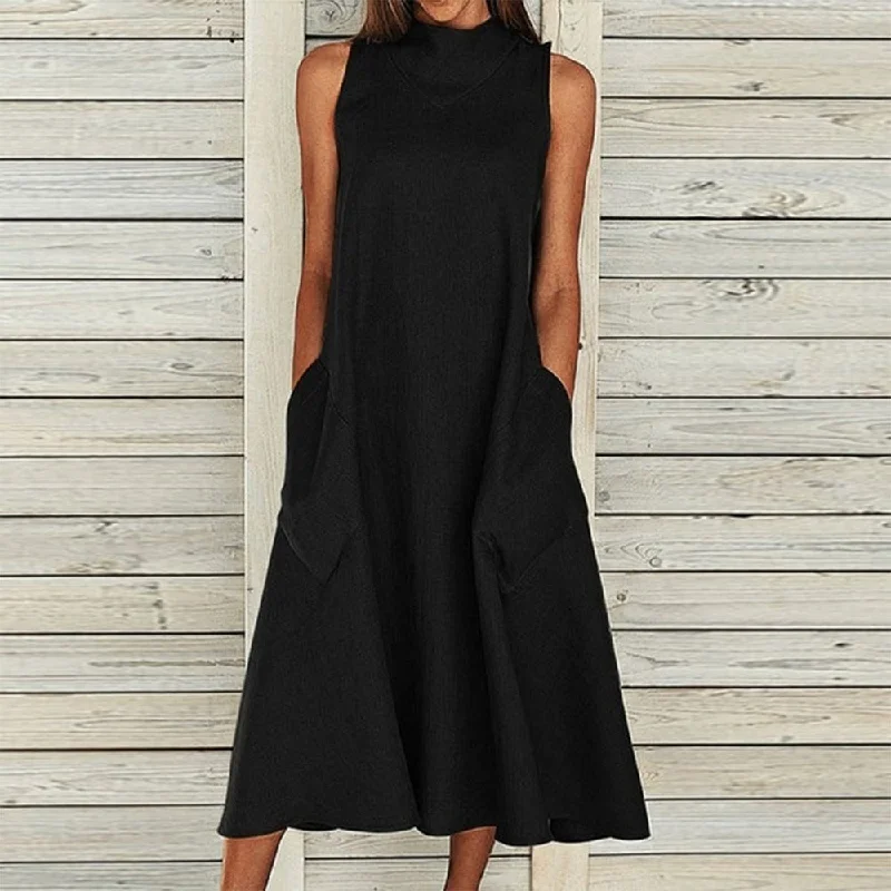 Stylish Black Plain Sleeveless Midi Dress Sleeveless midi dresses