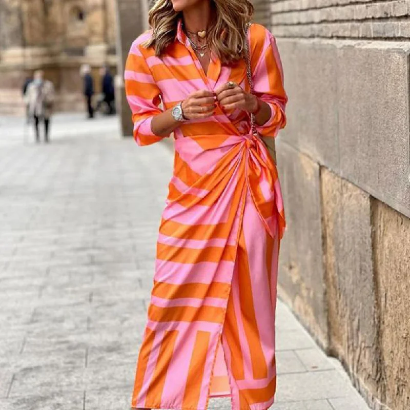 Orange and Pink Creamsicle Stripe Wrapped Tie Waist Midi Dress Boho midi dresses