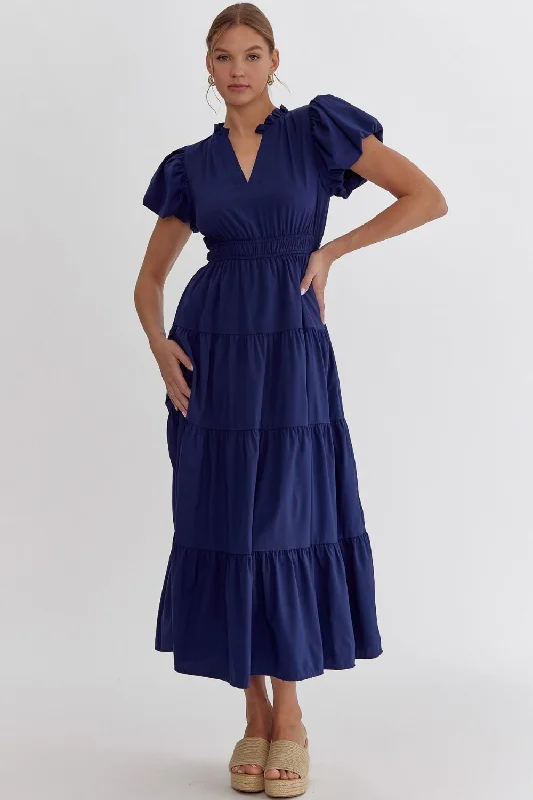 Bubble Sleeve Tiered Midi Dress - Navy Flowy midi dresses