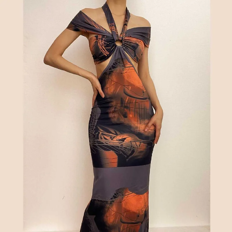 Contrast print off shoulder halter hollow out o ring cut out midi dress Clubbing midi dresses