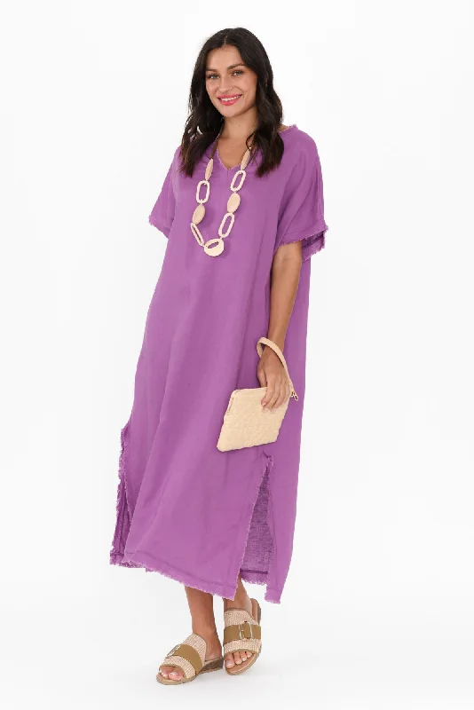 Darlene Purple Frayed Midi Dress Fall midi dresses