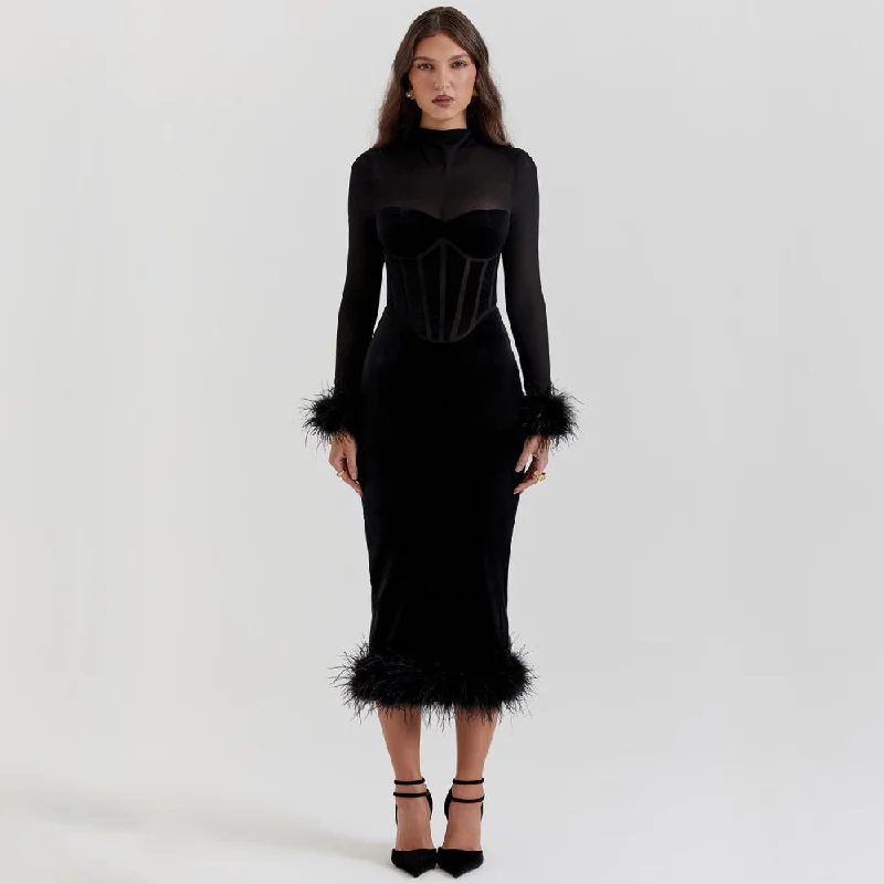 Elegant Feather Sexy Midi Dress Smocked midi dresses