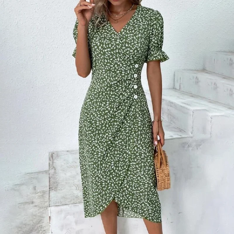 Fresh Short Sleeve Green Midi Dress Velvet midi dresses