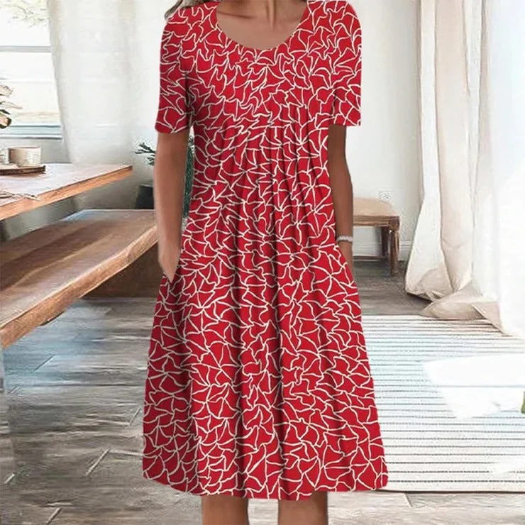 Garnet Red and White Fancy Print Pleated Midi Dress Knitted midi dresses