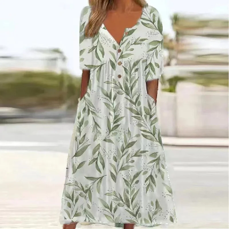 Green Paradise Short Sleeve Pleated Side Pocket Midi Dress Comfortable midi dresses for everyday wear