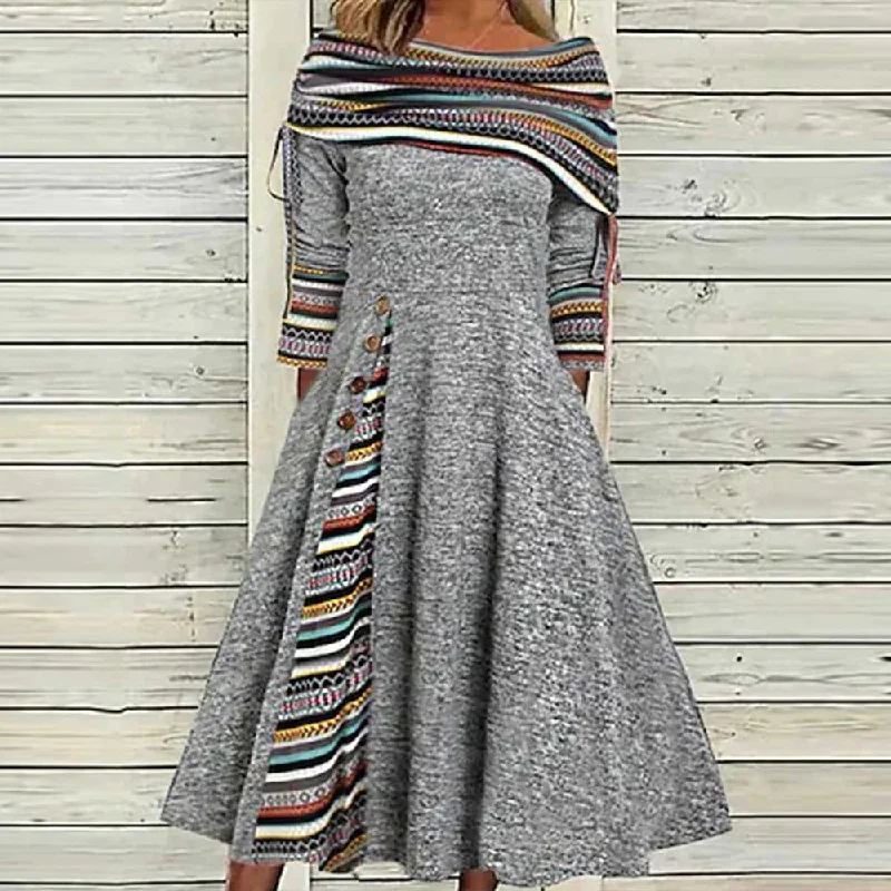 Guatemalan Print Gray Boatneck Midi Dress Summer midi dresses