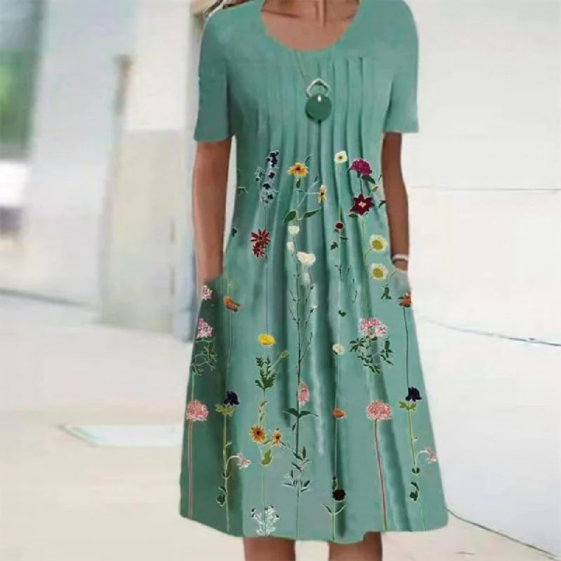 Knee Length Pleated Flower Summer Midi Dress Elegant midi dresses