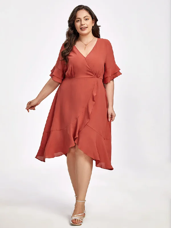 Plus Batwing Sleeve V-Neck Knot Side Wrap Midi Dress