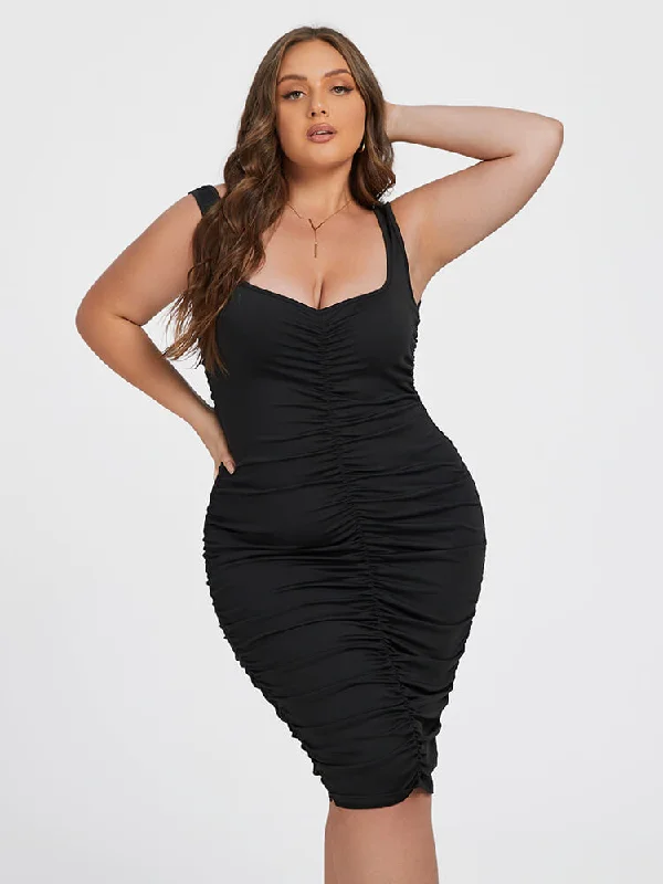 Plus Black V Neck Ruched Bodycon Midi Dress High-end midi dresses