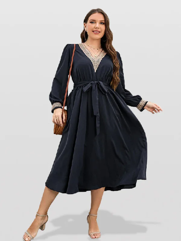 Plus Blue Eyelet Lace Belted Midi Dress Best midi dresses for tall women